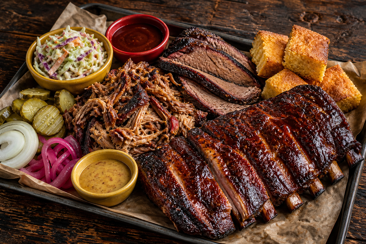 Illustrative barbecue platter with sauces and sides